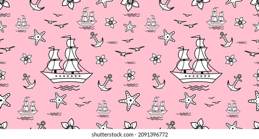 Seamless pattern with sailship, anchor, and flowers. Cute Marine pattern for fabric, baby clothes, background, textile, wrapping paper, and other decoration. Vector illustration. pink pastel colors.