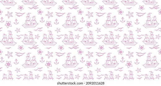 Seamless pattern with sailship, anchor, and flowers. Cute Marine pattern for fabric, baby clothes, background, textile, wrapping paper, and other decoration. Vector illustration. pink pastel colors.