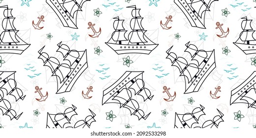 Seamless pattern with sailship, anchor, and flowers. Cute Marine pattern for fabric, baby clothes, background, textile, wrapping paper, and other decoration. Vector illustration. pastel colors.