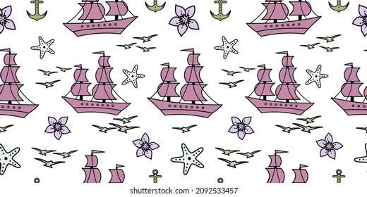 Seamless pattern with sailship, anchor, and flowers. Cute Marine pattern for fabric, baby clothes, background, textile, wrapping paper, and other decoration. Vector illustration. pastel colors.