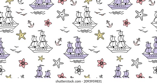 Seamless pattern with sailship, anchor, and flowers. Cute Marine pattern for fabric, baby clothes, background, textile, wrapping paper, and other decoration. Vector illustration. pastel colors.