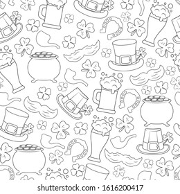 Seamless pattern with Saint Patrick Day elements. Spring holiday background with clover, hat, horseshoe, leprechaun beard in outline.