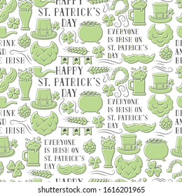 Seamless pattern with Saint Patrick Day elements and quotes. Spring holiday background with clover, hat, horseshoe, leprechaun beard.