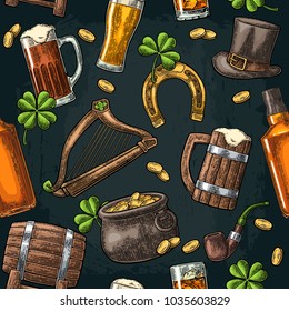 Seamless pattern Saint Patrick s Day. Top gentleman hat, pot of gold coins, pipe, beer glass, lyre, horseshoe, clover, barrel. Vector vintage color engraved illustration isolated dark background.