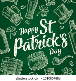 Seamless pattern Saint Patrick s Day. Top gentleman hat, pot of gold coins, pipe, beer glass, lyre, horseshoe, clover, barrel. Vector vintage white engraved illustration isolated green background.