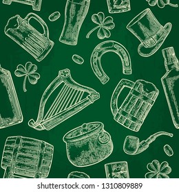 Seamless pattern Saint Patrick s Day. Top gentleman hat, pot of gold coins, pipe, beer glass, lyre, horseshoe, clover, barrel. Vector vintage white engraved illustration isolated green background.