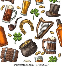 Seamless pattern Saint Patrick s Day. Top gentleman hat, pot of gold coins, pipe, beer glass, lyre, horseshoe, clover, barrel. Vector vintage color engraved illustration isolated white background.