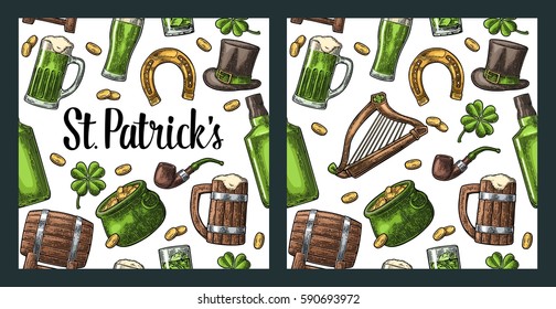 Seamless pattern Saint Patrick s Day. Top gentleman hat, pot of gold coins, pipe, beer glass, lyre, horseshoe, clover, barrel. Vector vintage color engraved illustration isolated white background.