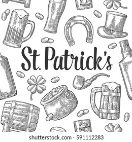 Seamless pattern Saint Patrick s Day. Top gentleman hat, pot of gold coins, pipe, beer glass, lyre, horseshoe, clover, barrel. Vector vintage black engraved illustration isolated white background.