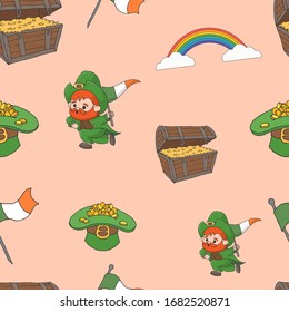 Seamless pattern. Saint Patrick. Vector illustration. Back background. Stock vector. A chest of gold. Rainbow. An Irishman with a flag. Gentle background