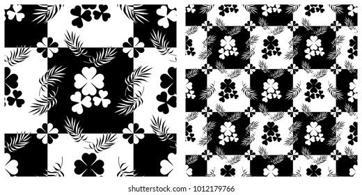 Seamless pattern  for Saint Patrick's Day of clover or shamrock intersected with grid or chess board.
