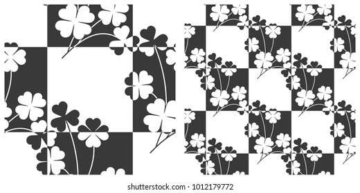 Seamless pattern  for Saint Patrick's Day of clover or shamrock intersected with grid or chess board.