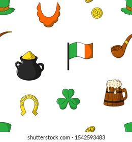 Seamless pattern of Saint Patrick's Day illustrations. Vector cartoon background. Flat style.