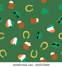 Seamless pattern for Saint Patrick's Day. Seamless pattern for Saint Patrick's Day. Leprechaun's hat, horseshoe, beer and heart in irish flag colors. Background for web or wrapping