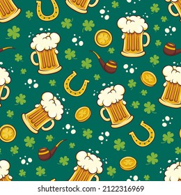 Seamless Pattern Saint Patrick's Day Beer, Gold Coins, Horseshoes, Smoking Pipe. Holiday Background With Clover