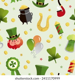 Seamless pattern with Saint patrick's day celebration cartoon elements on green background. Wallpaper, textile or wrapping paper design template. Flat style. Vector illustration