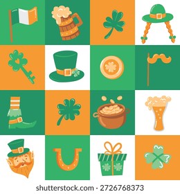 Patrón sin fisuras con símbolos del día de San Patricio. Fondo divertido para envases, textiles, papel de embalaje y diseños festivos.