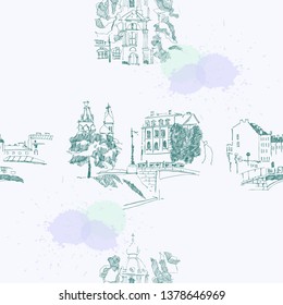 Seamless pattern with Saint Petersburg  Sketches. Background with  Streets and  Cityscapes.   Vector Illustration