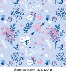 Seamless pattern, for Saint Valentine's day. Cute flowers, Love letters, presents, love lettering, hearts. Ready for fabrics and wrapping paper.