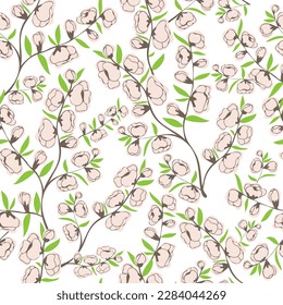 Seamless pattern with sakura or apple blossom flowers. Modern floral background for textile, fabric, wallpaper, wrapping, gift wrap, paper, scrapbook and packaging. Vector illustration