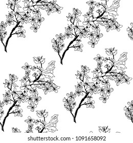 Seamless pattern with sakura branch. Hand thread. Wallpaper, fabric or design of gift paper. Vector illustration

