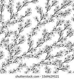 Seamless pattern with sakura branch. Handmade. Wallpaper, fabric or design of gift paper. Vector illustration.Print for bed linens, fabric, textiles, wallpaper, greeting cards, wrapping paper,gift 