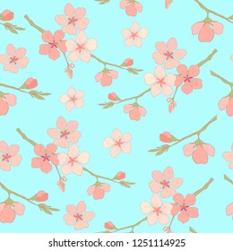 Seamless pattern. Sakura branch on a turquoise background.