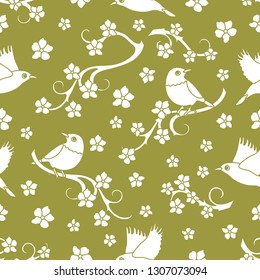Seamless pattern with sakura branches, birds. Japan nature. Branches of cherry blossoms. Design for card, announcement, advertisement, banner or print.