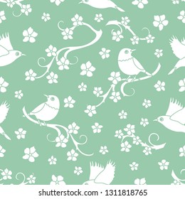 Seamless pattern with sakura branches, birds. Japan nature. Branches of cherry blossoms. Design for card, announcement, advertisement, banner or print.