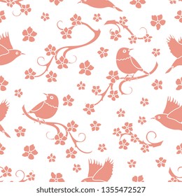 Seamless pattern with sakura branches, birds. Japan nature. Branches of cherry blossoms. Design for card, announcement, advertisement, banner or print.