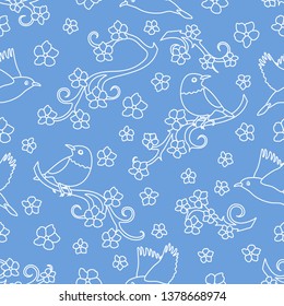 Seamless pattern with sakura branches, birds. Japan nature. Branches of cherry blossoms. Design for card, announcement, advertisement, banner or print.