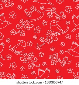 Seamless pattern with sakura branches, birds. Japan nature. Branches of cherry blossoms. Design for card, announcement, advertisement, banner or print.