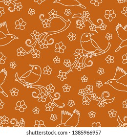Seamless pattern with sakura branches, birds. Japan nature. Branches of cherry blossoms. Design for card, announcement, advertisement, banner or print.
