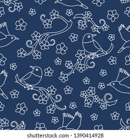 Seamless pattern with sakura branches, birds. Japan nature. Branches of cherry blossoms. Design for card, announcement, advertisement, banner or print.