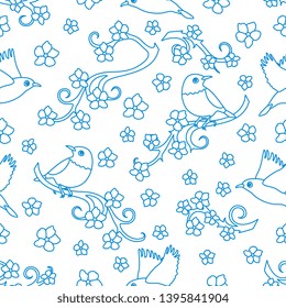 Seamless pattern with sakura branches, birds. Japan nature. Branches of cherry blossoms. Design for card, announcement, advertisement, banner or print.