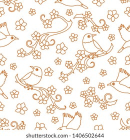 Seamless pattern with sakura branches, birds. Japan nature. Branches of cherry blossoms. Design for card, announcement, advertisement, banner or print.