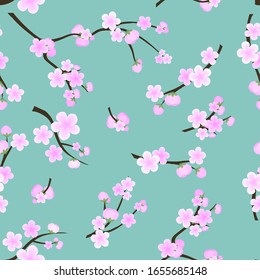 seamless pattern with sakura branches .Cherry blossoms.Spring floral design can be printed on fabric, tablecloths, blankets, posters, paper.