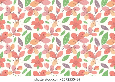 Seamless pattern with sakura branches and flowers. Gray, green and pink colors. It can be used for textiles, fashion, wallpaper, wrapping paper, notebooks.
