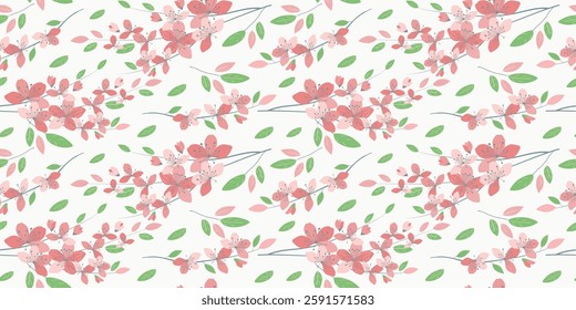 Seamless pattern with sakura branches. Fresh green and pink colors. It can be used for textiles, fashion, wallpaper, wrapping paper, notebooks.