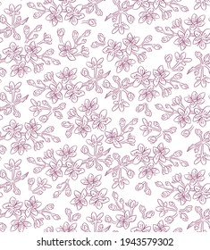 seamless pattern: sakura branches 
with a lilac contour on a white background, vector