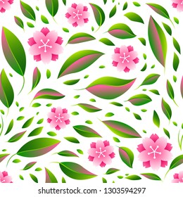 Seamless pattern with sakura or cherry blossom. Floral japanese ornament of blooming flowers and leaves.