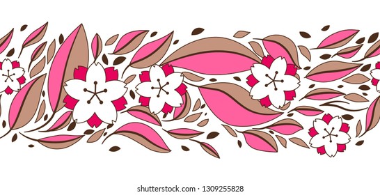 Seamless pattern with sakura or cherry blossom. Floral japanese ornament of blooming flowers and leaves.