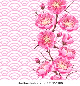 Seamless pattern with sakura or cherry blossom. Floral japanese ornament of blooming flowers.