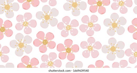 seamless pattern of sakura or cherry flower different shades on white. Cute pink background on spring and summer theme in flat style for textile, card and wedding.  