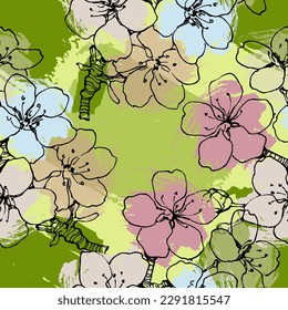 Seamless pattern Sakura with cherry tree blossom. Vintage hand drawn vector illustration in sketch style.