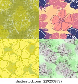 Seamless pattern Sakura with cherry tree blossom. Vintage hand drawn vector illustration in sketch style.