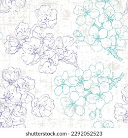 Seamless pattern Sakura with cherry tree blossom. Vintage hand drawn vector illustration in sketch style.