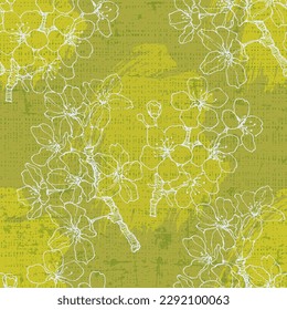 Seamless pattern Sakura with cherry tree blossom. Vintage hand drawn vector illustration in sketch style.