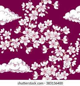 Seamless pattern  with sakura and clouds. Hand drawn spring blossom trees. Vector illustration with cherry blossoms.