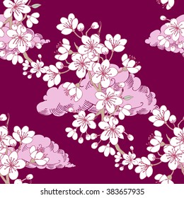 Seamless pattern  with sakura and clouds. Hand drawn spring blossom trees. Vector illustration with cherry blossoms.